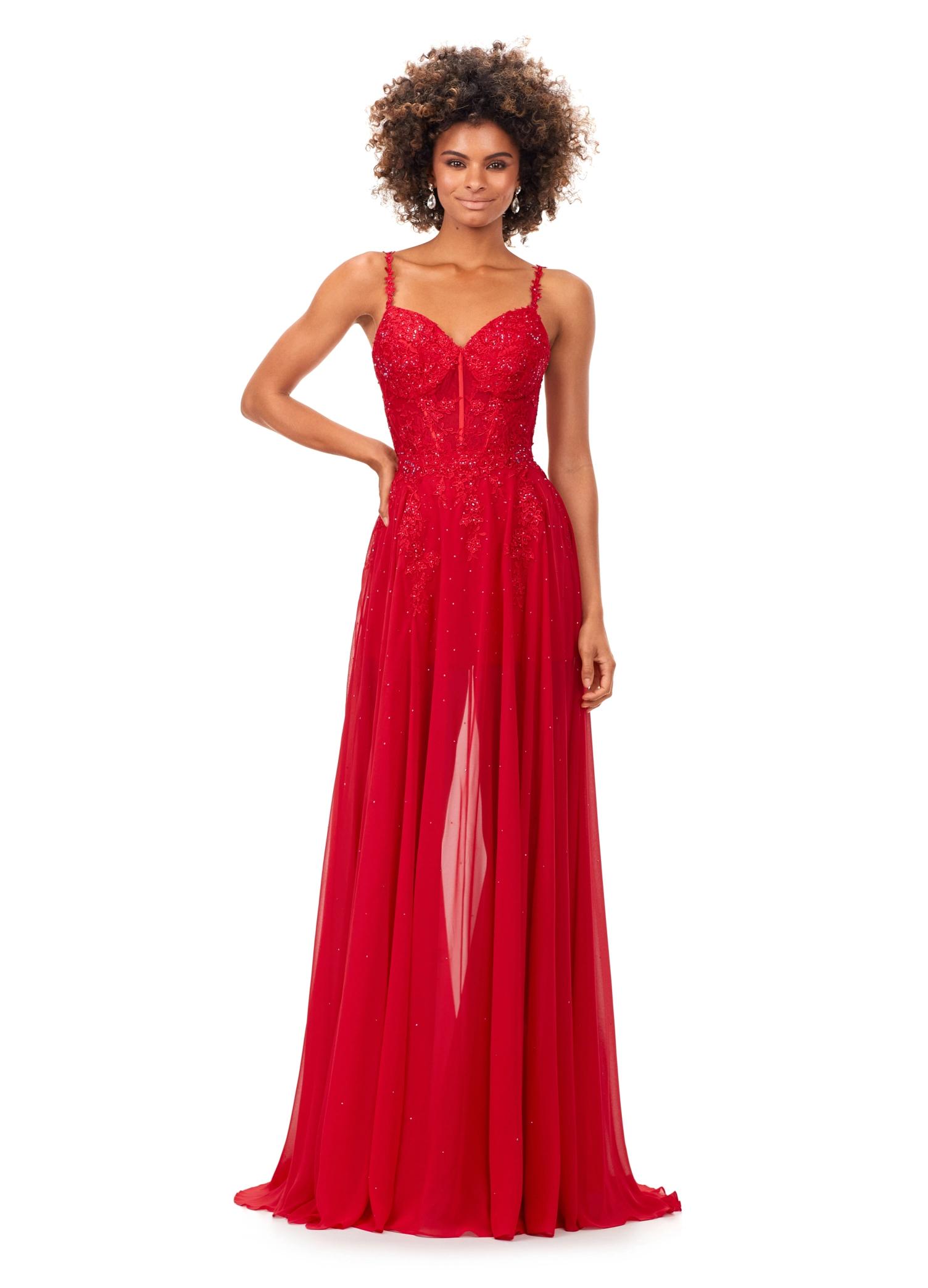 Red ASHLEYlauren 11333 lace romper featuring delicate spaghetti straps, lace applique adorned with heat set stones for added sparkle, and a detachable chiffon skirt for a versatile and elegant look.