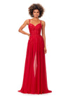 Red ASHLEYlauren 11333 lace romper featuring delicate spaghetti straps, lace applique adorned with heat set stones for added sparkle, and a detachable chiffon skirt for a versatile and elegant look.