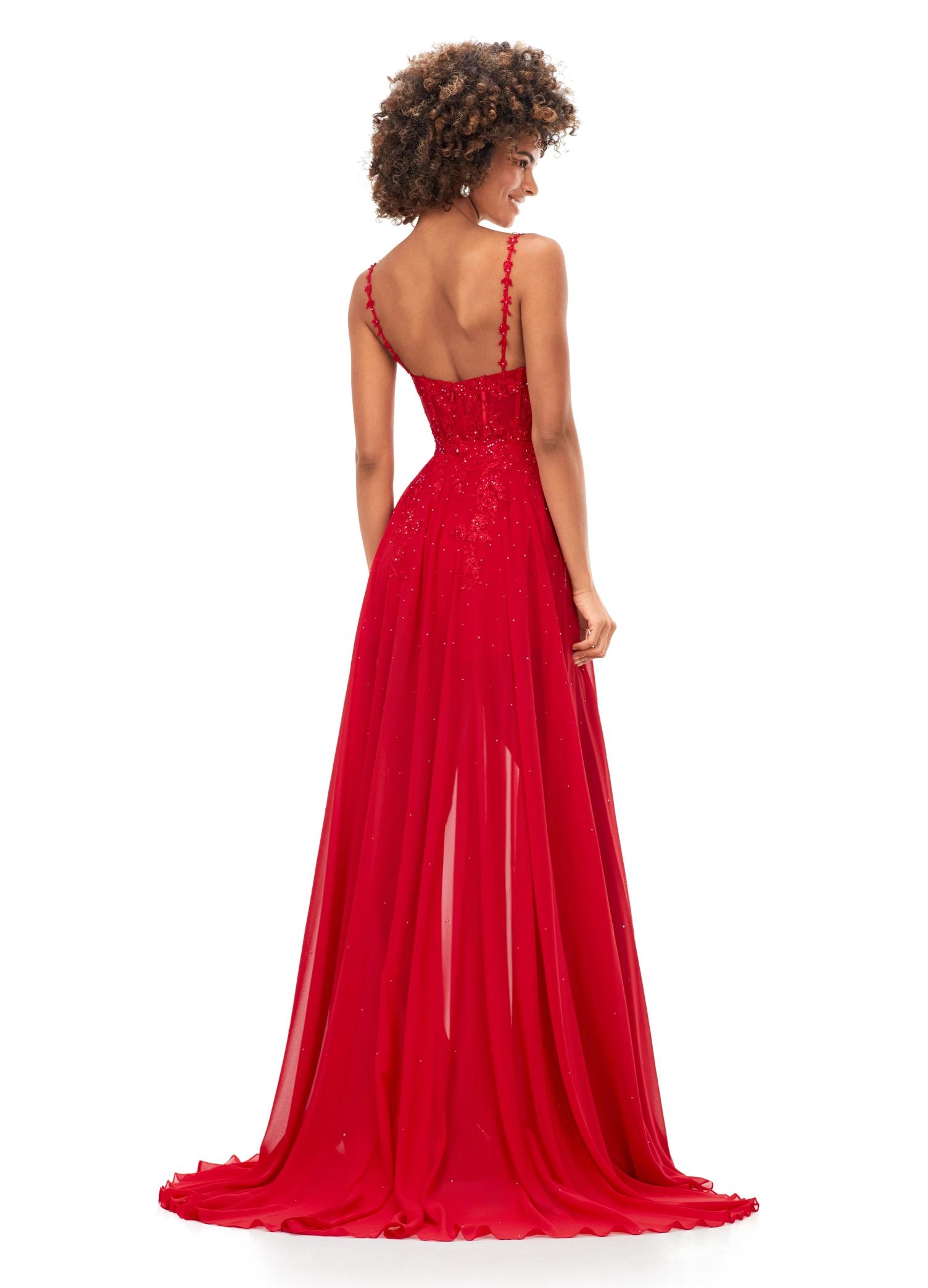 Back - Red ASHLEYlauren 11333 lace romper featuring delicate spaghetti straps, lace applique adorned with heat set stones for added sparkle, and a detachable chiffon skirt for a versatile and elegant look.