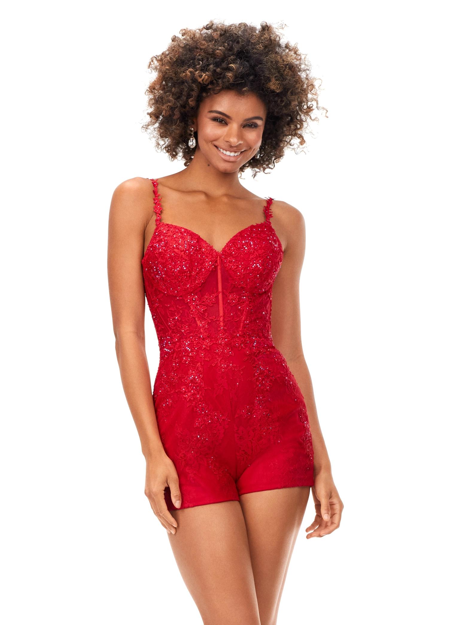 Red ASHLEYlauren 11333 lace romper featuring delicate spaghetti straps, lace applique adorned with heat set stones for added sparkle, and a detachable chiffon skirt for a versatile and elegant look.