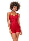 Red ASHLEYlauren 11333 lace romper featuring delicate spaghetti straps, lace applique adorned with heat set stones for added sparkle, and a detachable chiffon skirt for a versatile and elegant look.