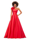 Red ASHLEYlauren 11336 one shoulder ball gown in Mikado fabric, featuring feather-embellished neckline and a classic A-line skirt.