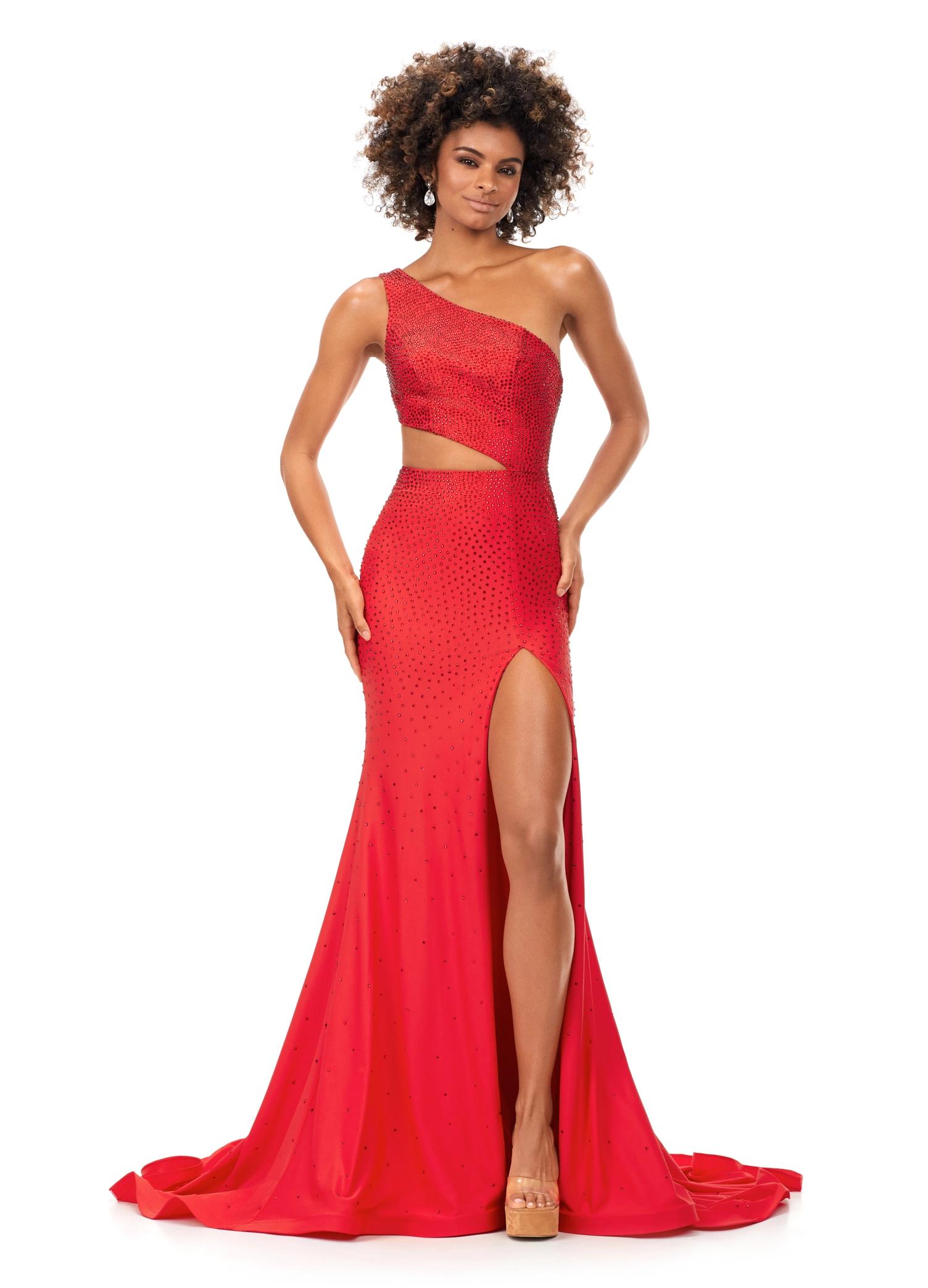 Red ASHLEYlauren 11337 One Shoulder Fitted Jersey Gown Embellished with Heat Set Stones, Asymmetrical Shark Bite Cut Out, and Left Leg Slit