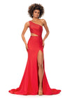 Red ASHLEYlauren 11337 One Shoulder Fitted Jersey Gown Embellished with Heat Set Stones, Asymmetrical Shark Bite Cut Out, and Left Leg Slit