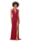 Red ASHLEYlauren 11341 stunning hand-beaded gown featuring a deep V-neckline halter top, intricate bead pattern, fringe accents, an open back, and a left leg slit for a bold and glamorous look.