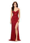 Red ASHLEYlauren 11342 sequin gown featuring double spaghetti straps, a sweetheart neckline, lace-up back with beaded fringe tassels, and a left leg slit for a glamorous and elegant look.