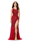 Red ASHLEYlauren 11350 one shoulder hand-beaded gown featuring an asymmetric bead pattern to accentuate curves, feather details near the hemline, and a left leg slit for a bold and glamorous look.