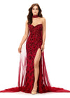 Red ASHLEYlauren 11351 Strapless Beaded Gown with Crystal Choker, Chiffon Cape, and Slit