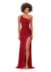 Red ASHLEYlauren 11352 liquid beaded gown featuring a one shoulder neckline with crystal trim, a left leg slit, and a sweep train for an elegant and sophisticated look.