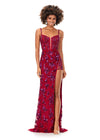 Red ASHLEYlauren 11360 floral beaded gown featuring a corset bustier with plunging V-neckline, lace-up back, and a fitted skirt with a high left leg slit.