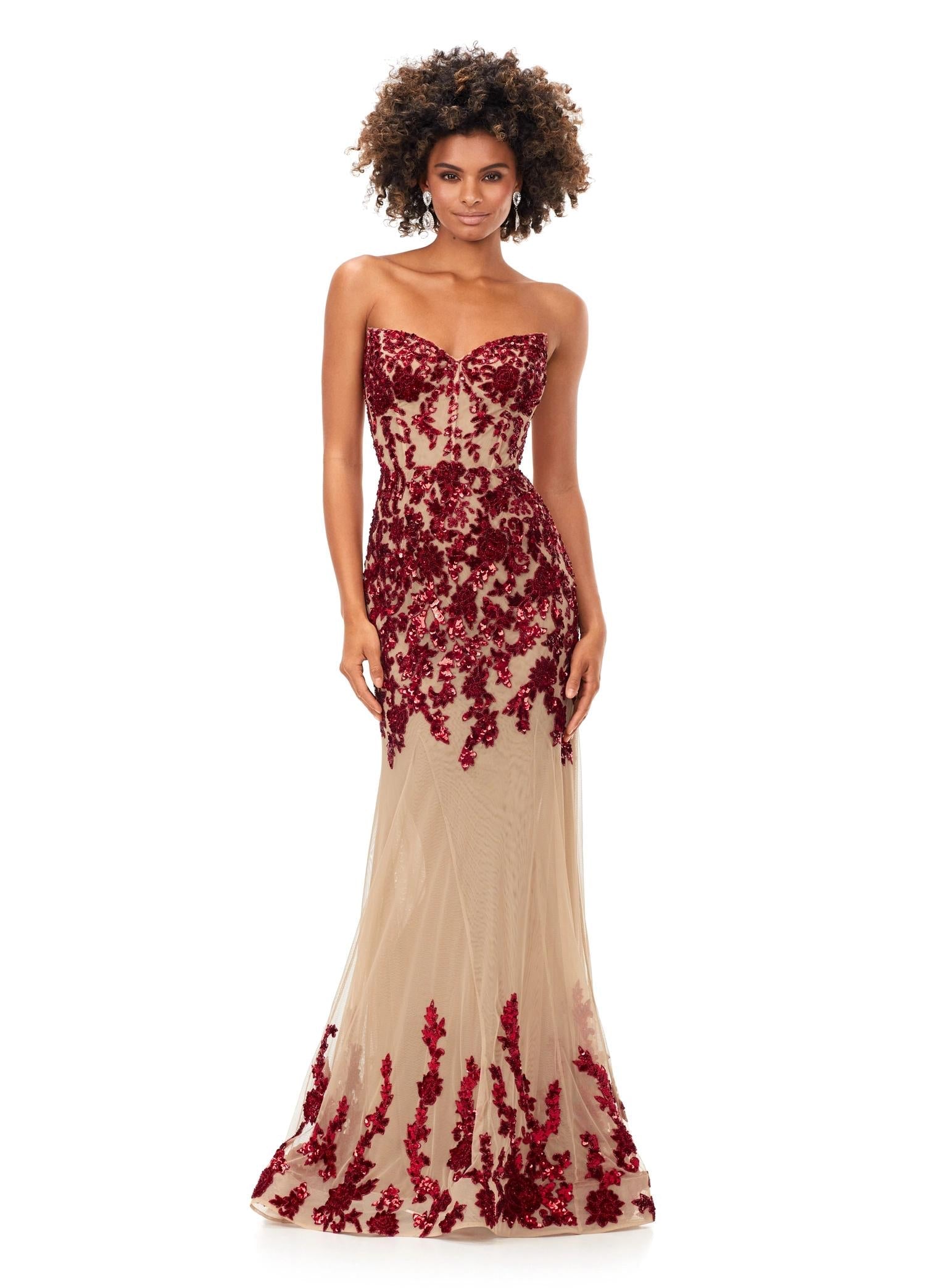 Red ASHLEYlauren 11361 strapless mermaid gown featuring an intricate hand-beaded bustier, sweetheart neckline, illusion lining, and a horsehair hemline for added structure.