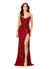 Red ASHLEYlauren 11363 stunning hand-beaded gown featuring a sweetheart neckline, delicate spaghetti straps, an open back, and an intricate sequin pattern cascading throughout, complete with a left leg slit for a bold and glamorous look.
