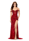 Red ASHLEYlauren 11365 stunning fully hand-beaded gown featuring a sweetheart neckline, intricate beadwork throughout the corset bustier, a fitted skirt with a left leg slit, elegant draped straps, and a sweep train for a sophisticated and glamorous look.