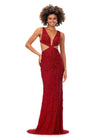Red ASHLEYlauren 11366 stunning hand-beaded gown featuring a deep V-neckline, intricate bead pattern, side cut outs, a lace-up open back, and a sweep train for a bold and glamorous statement look.
