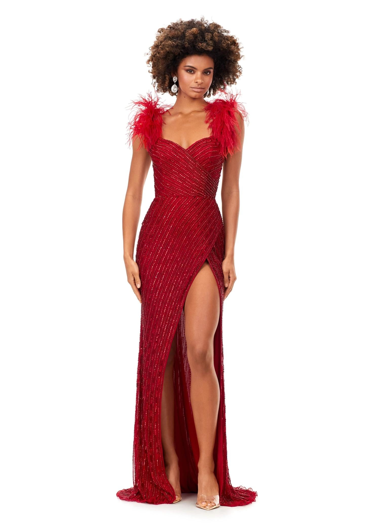 Ashley Lauren バルーン袖Vネックフレアーロングドレス レッド ASHLEYlauren 11367 - Beaded Gown with Feather Straps and