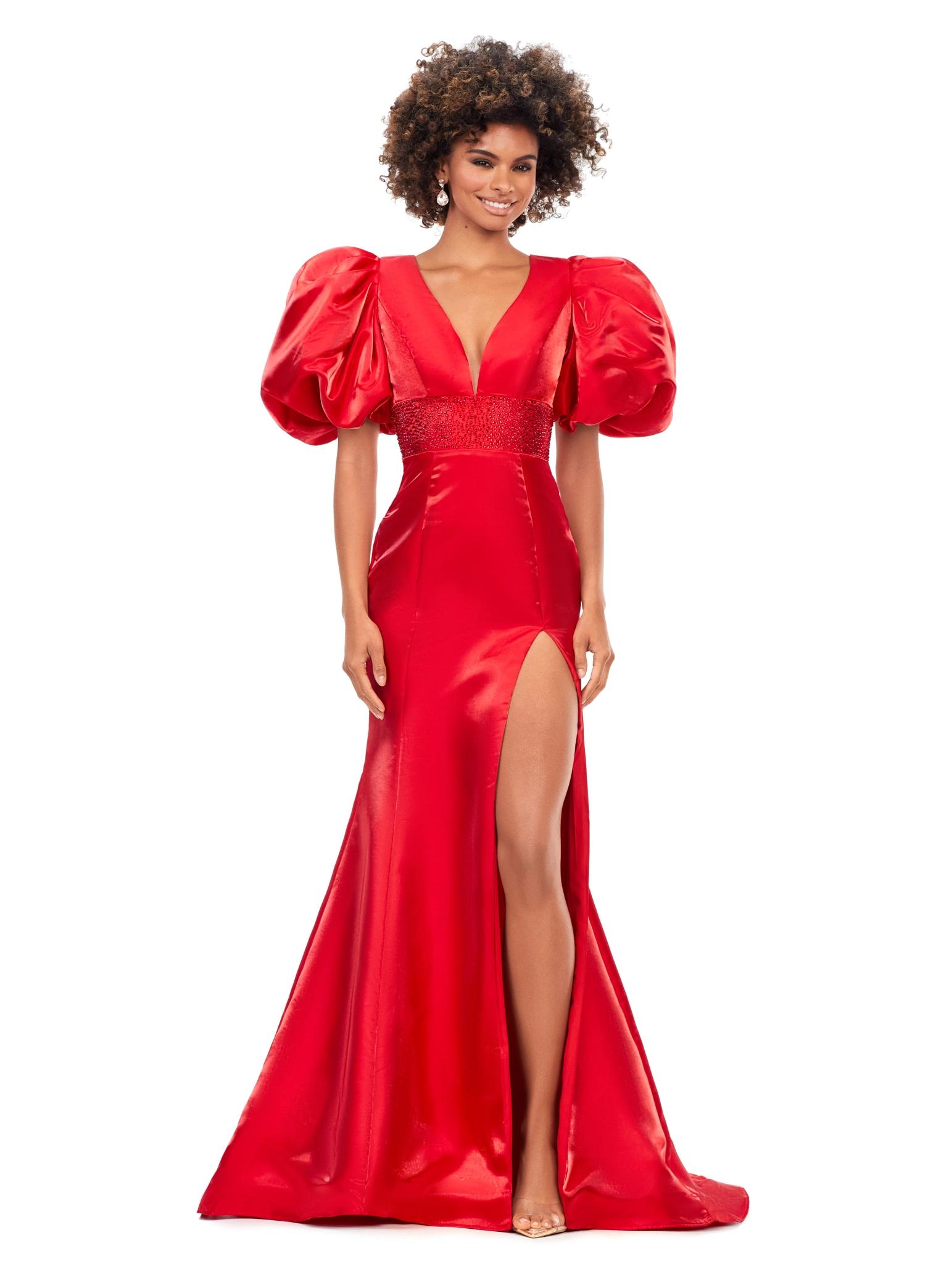 Red ASHLEYlauren 11379 Shimmer Satin Fitted Gown with V-Neckline, Lace-Up Back, Oversized Puff Sleeves, and Scattered Heat Set Stone Waistband