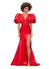 Red ASHLEYlauren 11379 Shimmer Satin Fitted Gown with V-Neckline, Lace-Up Back, Oversized Puff Sleeves, and Scattered Heat Set Stone Waistband