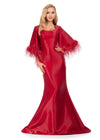 Red ASHLEYlauren 11381 Fit and Flare Phantom Satin Gown with Modern Scoop Neckline, Feather Detailed Flare Sleeves, and Horsehair Hem Skirt