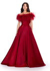 Red ASHLEYlauren 11382 Elegant Off Shoulder Ball Gown in Phantom Satin with Feather Accent Neckline and Flowing A-Line Skirt
