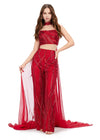 Red ASHLEYlauren 11385 statement two-piece jumpsuit featuring an intricately hand-beaded bustier and pants, a matching beaded choker, and a dramatic chiffon cape for a bold and fashion-forward look.
