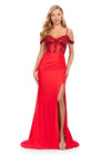 Red ASHLEYlauren 11391 standout evening gown featuring a sweetheart neckline, off shoulder straps, beaded corset details, and a sleek jersey skirt for an elegant and sophisticated look.