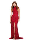 Red ASHLEYlauren 11395 fully beaded sequin gown featuring an intricate beaded motif, high neckline, cap sleeves, and a modest front slit for an elegant and regal look.