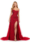 Red ASHLEYlauren 11405 strapless gown featuring a sweetheart neckline, fully sequined design, glimmering beadwork, full tulle overskirt, and left leg slit for added elegance.