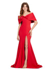Red ASHLEYlauren 11412 elegant scuba gown featuring an off shoulder bustier, oversized bow detail, and a left leg slit for a sophisticated and statement-making look.
