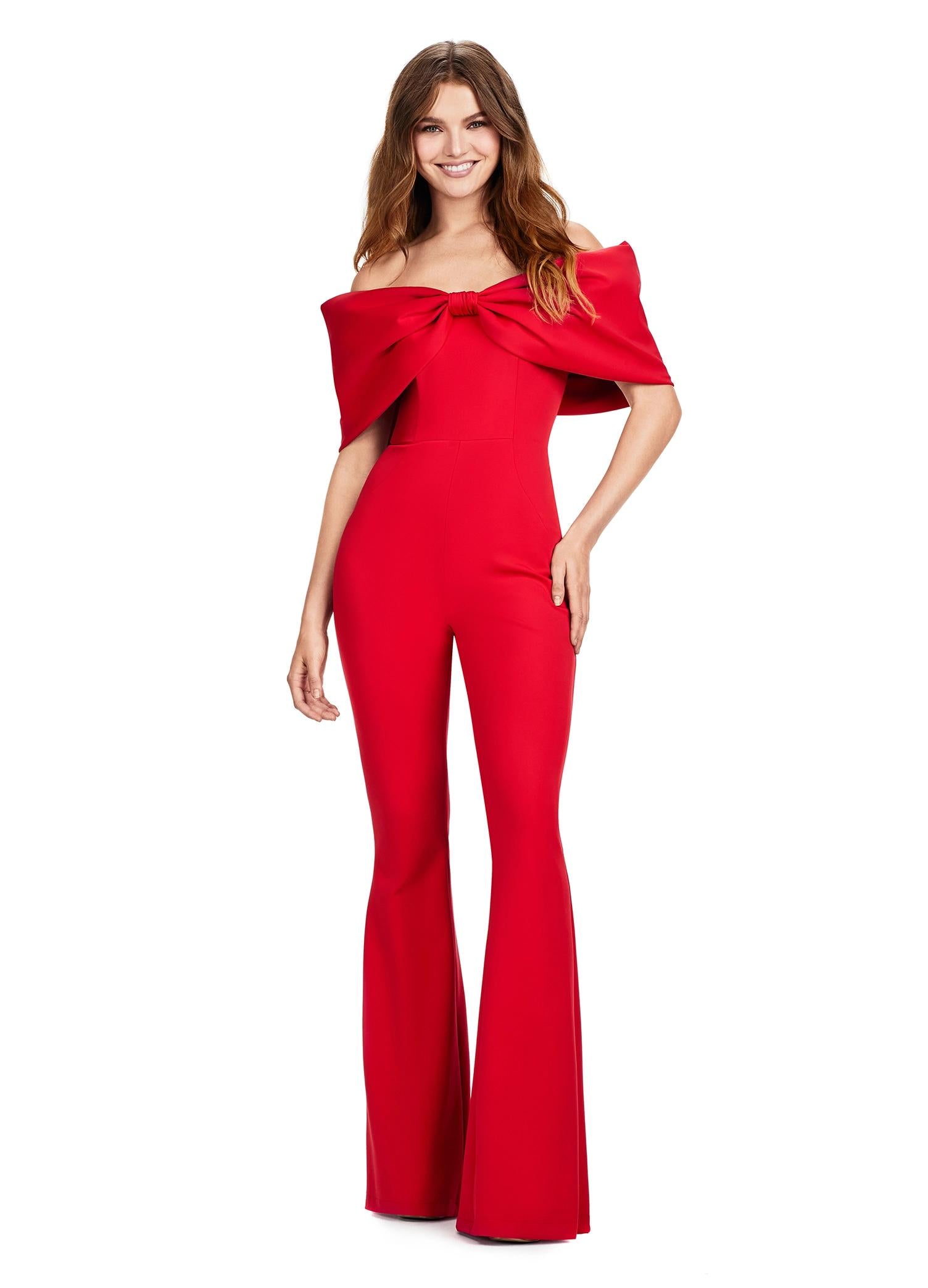 Red ASHLEYlauren 11414 chic scuba jumpsuit featuring an off shoulder neckline with an oversized bow for a bold and sophisticated statement look.