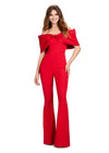Red ASHLEYlauren 11414 chic scuba jumpsuit featuring an off shoulder neckline with an oversized bow for a bold and sophisticated statement look.