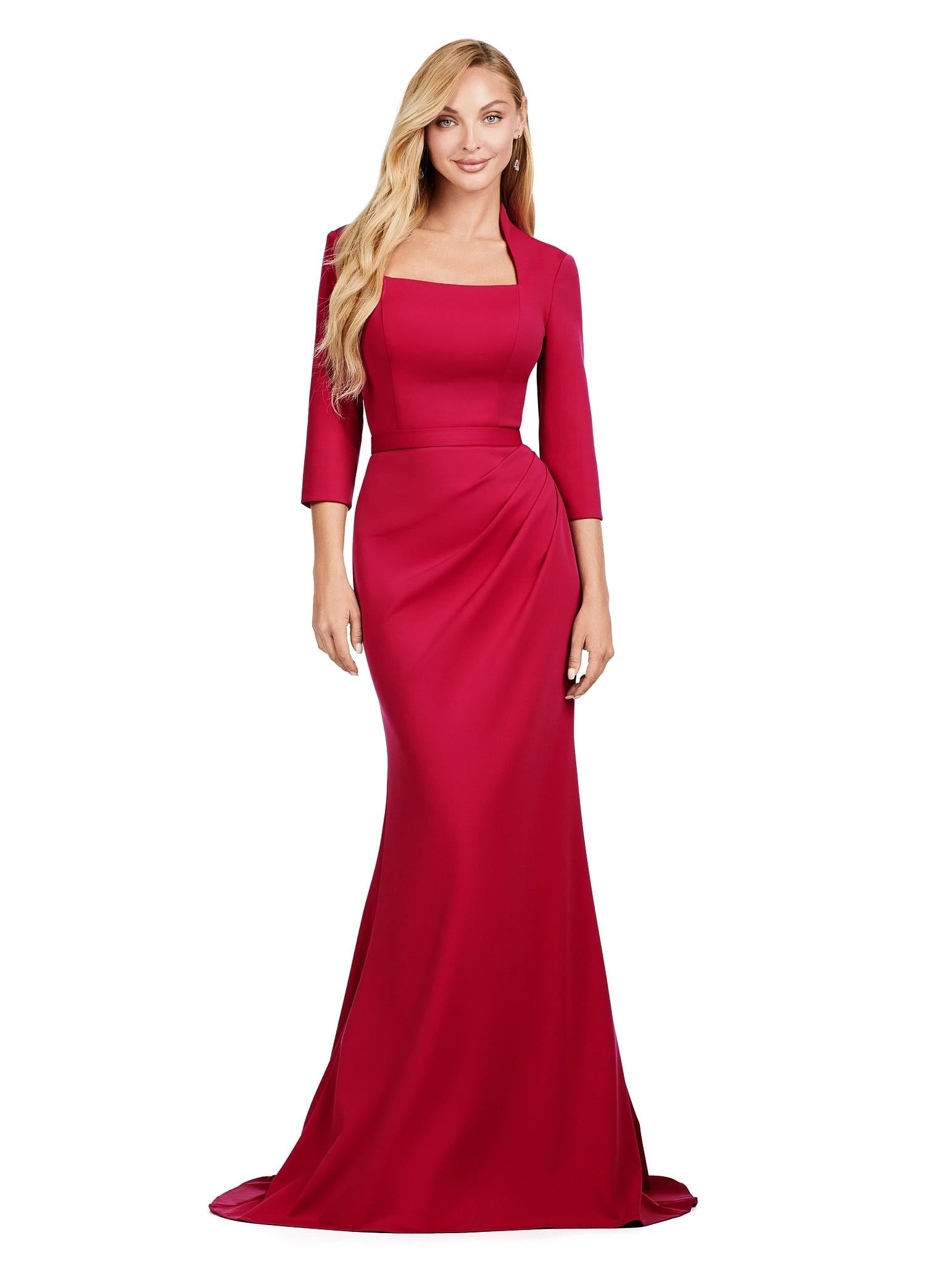 Red ASHLEYlauren 11418 Elegant Fitted Scuba Gown with Classic Square Neckline, Three Quarter Length Sleeves, Tonal Waist Belt, and Mermaid Skirt