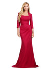 Red ASHLEYlauren 11418 Elegant Fitted Scuba Gown with Classic Square Neckline, Three Quarter Length Sleeves, Tonal Waist Belt, and Mermaid Skirt