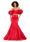 Red ASHLEYlauren 11419 Strapless Satin Gown with Sweetheart Neckline, Voluminous Puff Sleeves, Mermaid Silhouette, and Sparkling Jeweled Belt