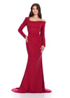 Red ASHLEYlauren 11450 Chic Long Sleeve Scuba Gown with Asymmetrical Off Shoulder Beaded Neckline and Flattering Ruched Hip Detailing