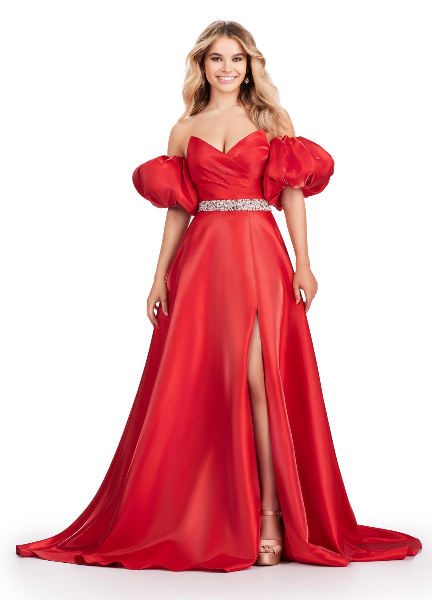 Red ASHLEYlauren 11474 strapless satin ball gown with sweetheart neckline, beaded belt, left leg slit, and detachable puff sleeves