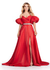 Red ASHLEYlauren 11474 strapless satin ball gown with sweetheart neckline, beaded belt, left leg slit, and detachable puff sleeves