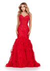 Red ASHLEYlauren 11475 mermaid gown with exposed corset bodice, lace detailing, and dramatic ruffled tulle trumpet skirt