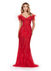 Red ASHLEYlauren 11481 Fitted Scuba Gown with Structured Corset Bustier, Feathered Off Shoulder Sleeves, Elegant Front Bow, and Lace Appliqué Detailing
