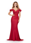 Red ASHLEYlauren 11536 Jersey Gown with Spaghetti Straps, Off Shoulder Details, Corset Bustier, and Ruched Hip Design