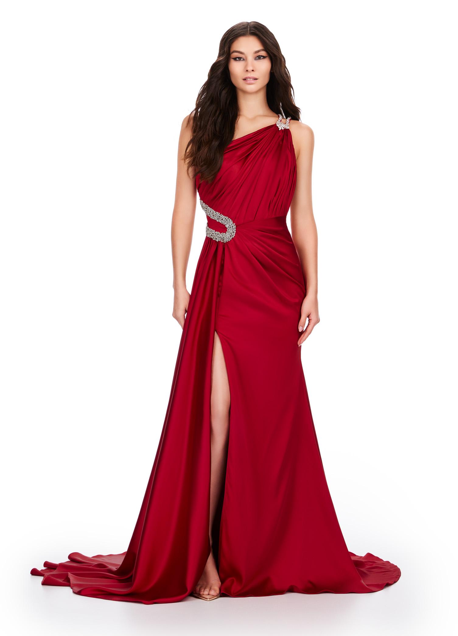 Red ASHLEYlauren 11537 one shoulder satin gown featuring a ruched bustier, beaded crystal straps and waist accents, and a draped side skirt for an elegant, glamorous finish.