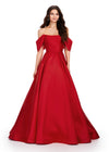 Red ASHLEYlauren 11544 elegant Mikado ball gown featuring a pleated off shoulder detail and a full ball gown skirt for a timeless and sophisticated look.