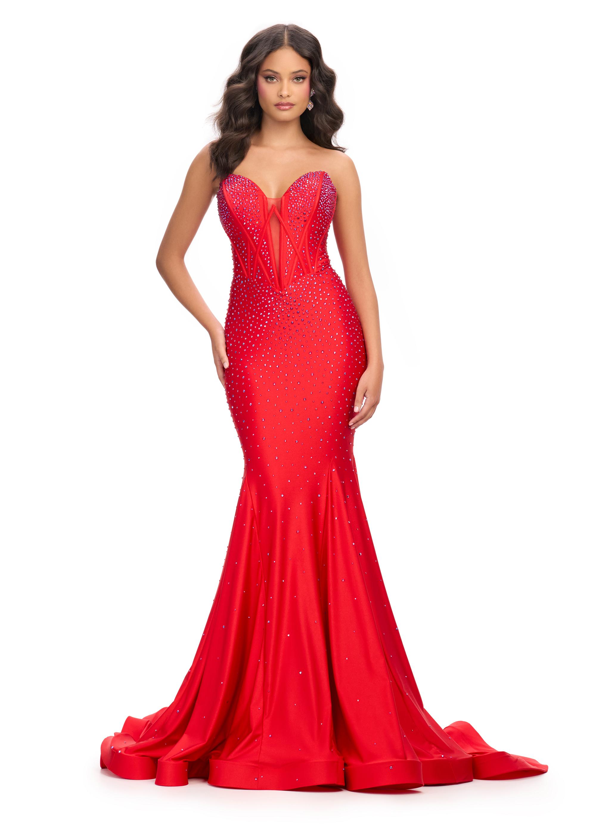 Red ASHLEYlauren 11560 Classic Strapless Jersey Gown with Glamorous Beaded Corset Bustier, Sparkling Press On Stone Accents, and Sweep Train