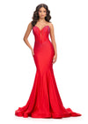 Red ASHLEYlauren 11560 Classic Strapless Jersey Gown with Glamorous Beaded Corset Bustier, Sparkling Press On Stone Accents, and Sweep Train