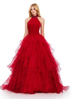 Red ASHLEYlauren 11562 Halter Neck Velvet Bustier Ball Gown with Beaded Choker and Dramatic Ruffled Organza Skirt
