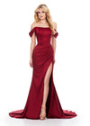 Red ASHLEYlauren 11575 Strapless Satin Gown with Corset Bustier, Ruched Hip Detail, Draped Skirt, Slit, and Sweep Train