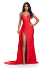 Red ASHLEYlauren 11579 Unique Jersey Gown with Illusion V-Neckline, Sparkling Press On Stones, Flowing Side Skirt, and Left Leg Slit