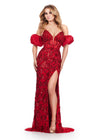 Red ASHLEYlauren 11585 Fully Beaded Strapless Gown with Intricate Lace Pattern, Sweetheart Neckline, Off Shoulder Puff Sleeves, and Left Leg Slit
