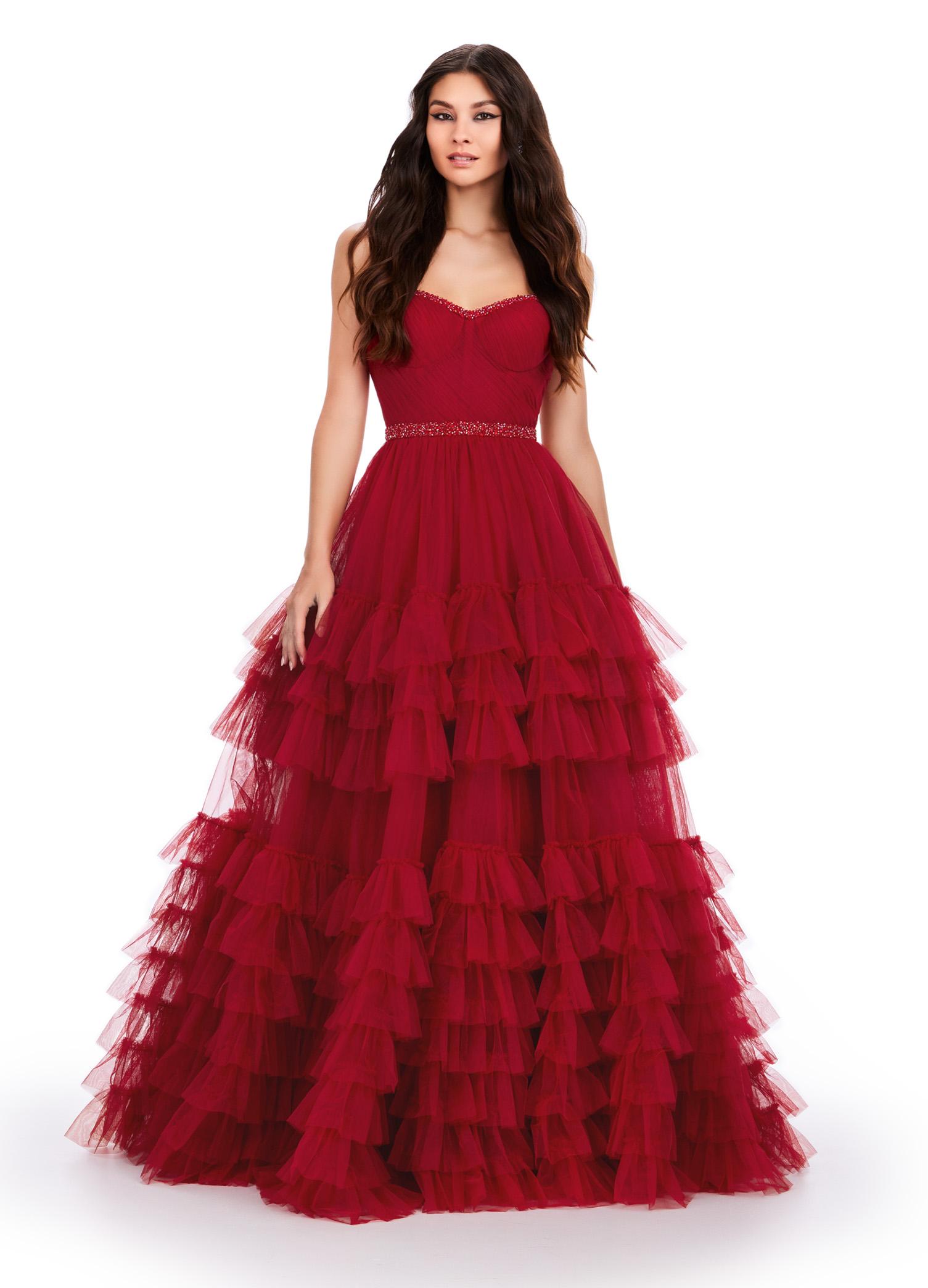 Red ASHLEYlauren 11603 Spaghetti Strap Tulle Ball Gown with Tiered Skirt, Beaded Waist and Strap Accents, and Corset Bustier