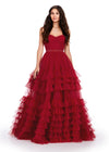 Red ASHLEYlauren 11603 Spaghetti Strap Tulle Ball Gown with Tiered Skirt, Beaded Waist and Strap Accents, and Corset Bustier