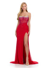 Red ASHLEYlauren 11616 Spaghetti Strap Gown with Beaded Corset Bustier, Press On Stone Embellishments, and Left Leg Slit